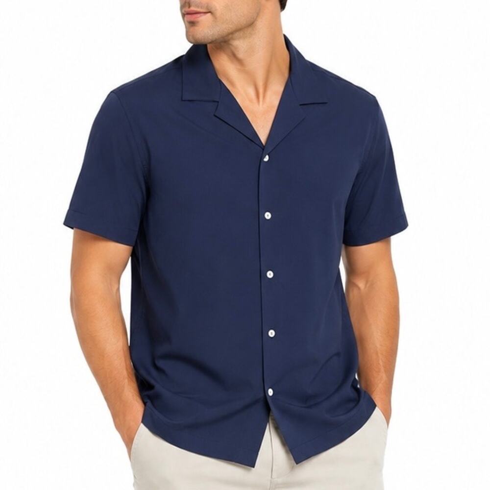 Porter + Ash Navy Camp Collar Button Front Shirt Relaxed Fit Stretch Size XL
